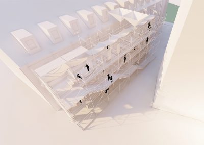 Computer-generated white render of building with silhouettes in black.
