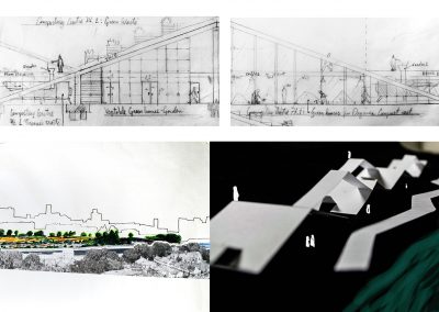 Images of pencil sketches with colour and photograph of paper model in black, white and green.