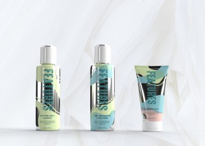 A mock-up displaying the packaging for three products within the Features skin care range