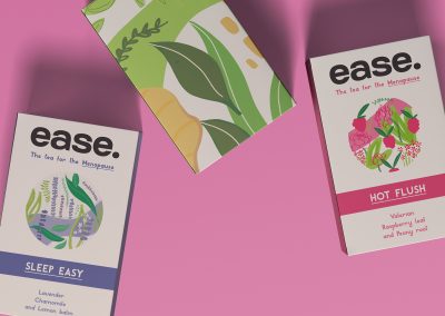 Three packaged boxes for a menopause tea called ease shown on a pink background. The boxes feature small illustrations on them to represent the ingredients they each contain.