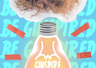 A poster featuring an upside down image of a woman's face with an expression of ‘eurika!’ while a gin bottle, modeled to resemble a lightbulb, sits over her head. Repeated text in the background reads, ‘be ginspired’.